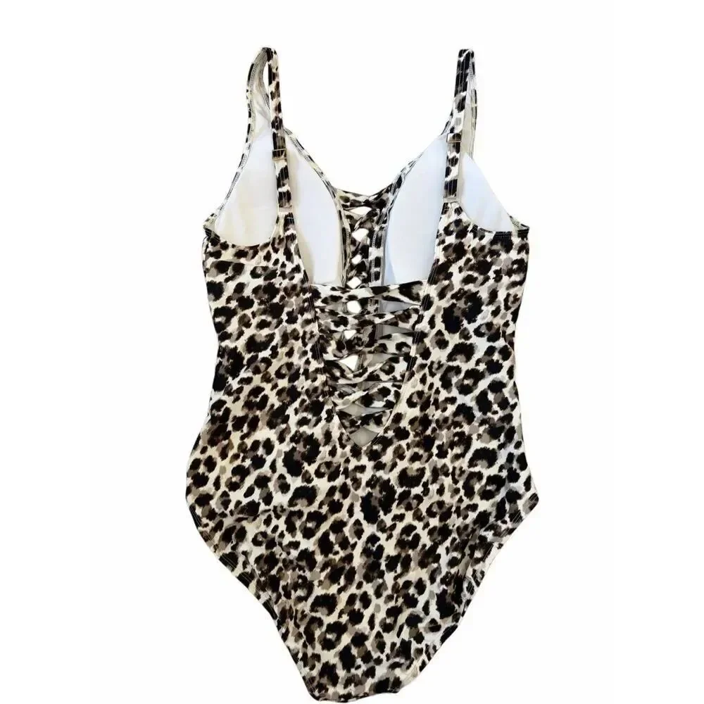 BLEU Rod Beattie Skin Games Lace-Up One-Piece Swimsuit in Leopard Print Size 14